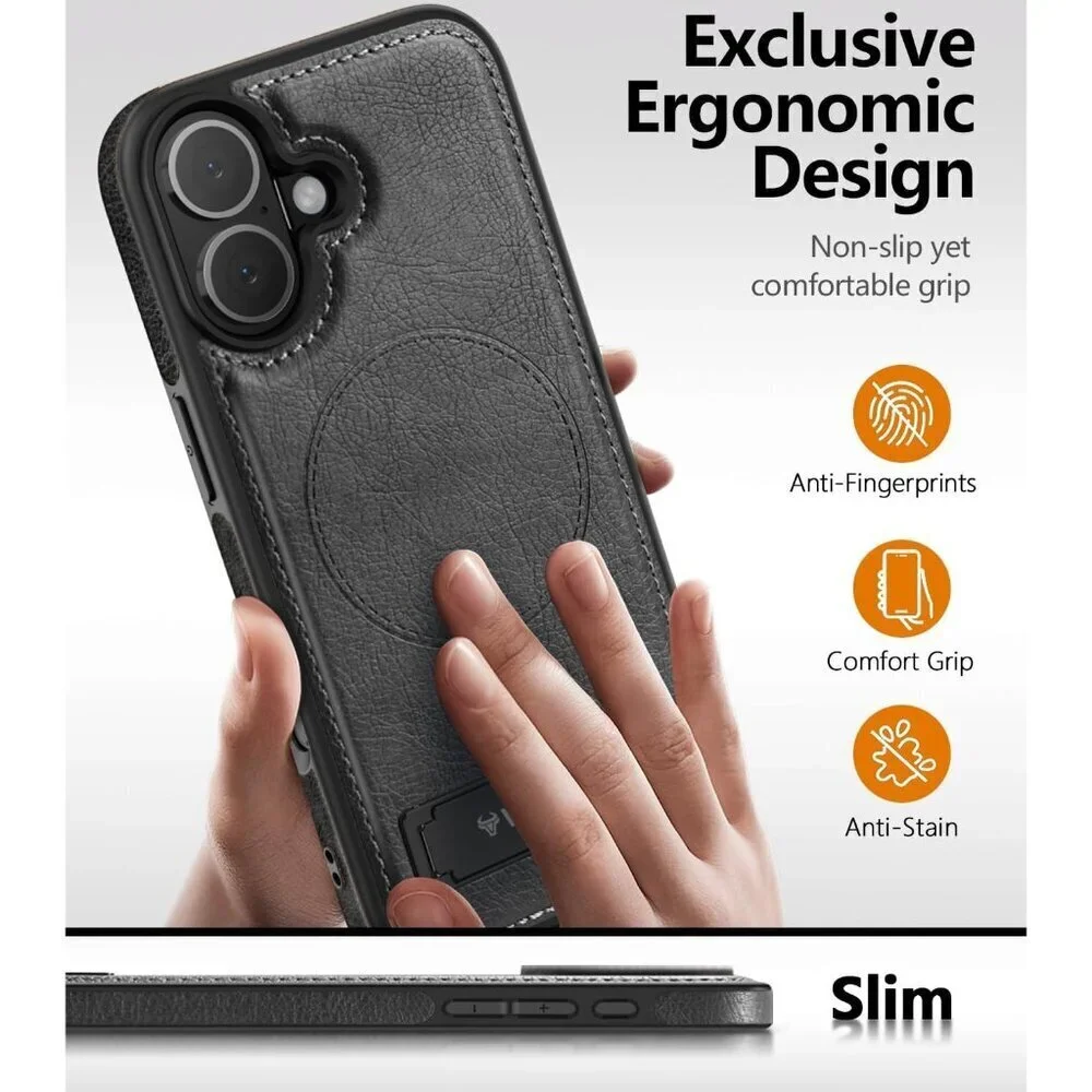 Black Iphone 17 Pro Max Invisible Stand Protective Slim Kickstand Leather Case